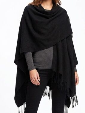 Mixit Black Fringed Wrap Poncho